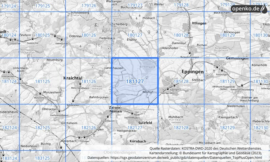 Übersichtskarte des KOSTRA-DWD-2020-Rasterfeldes Nr. 181127