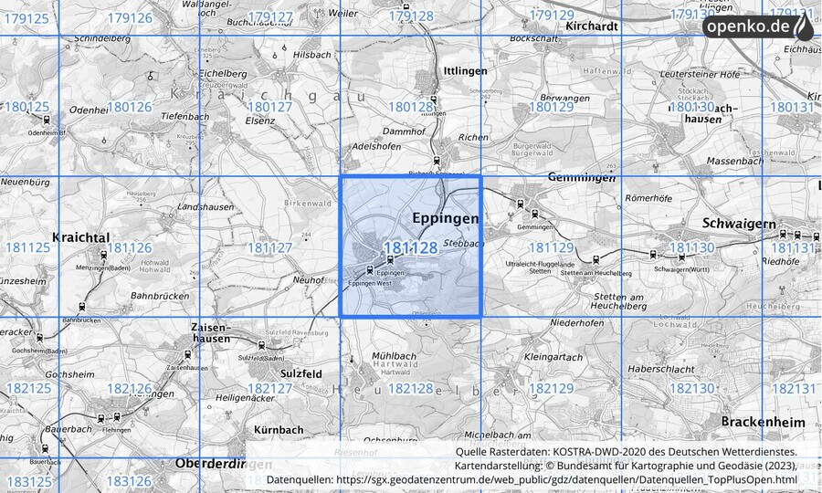 Übersichtskarte des KOSTRA-DWD-2020-Rasterfeldes Nr. 181128