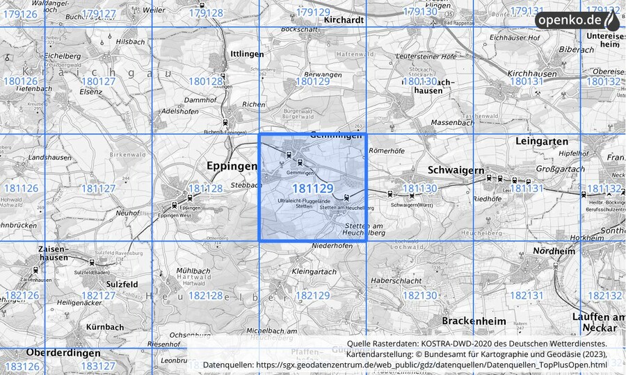 Übersichtskarte des KOSTRA-DWD-2020-Rasterfeldes Nr. 181129