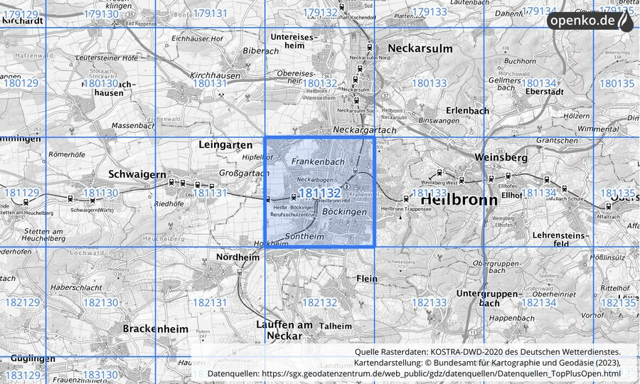 Übersichtskarte des KOSTRA-DWD-2020-Rasterfeldes Nr. 181132