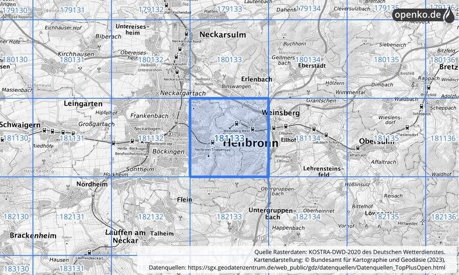 Übersichtskarte des KOSTRA-DWD-2020-Rasterfeldes Nr. 181133