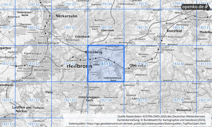 Übersichtskarte des KOSTRA-DWD-2020-Rasterfeldes Nr. 181134