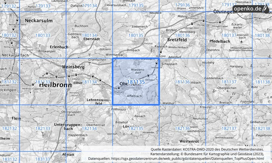 Übersichtskarte des KOSTRA-DWD-2020-Rasterfeldes Nr. 181135