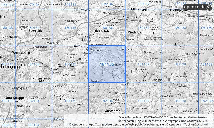 Übersichtskarte des KOSTRA-DWD-2020-Rasterfeldes Nr. 181136