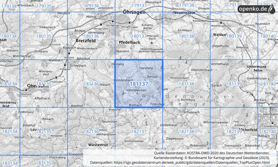 Übersichtskarte des KOSTRA-DWD-2020-Rasterfeldes Nr. 181137