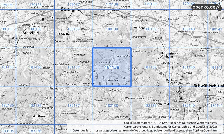 Übersichtskarte des KOSTRA-DWD-2020-Rasterfeldes Nr. 181138