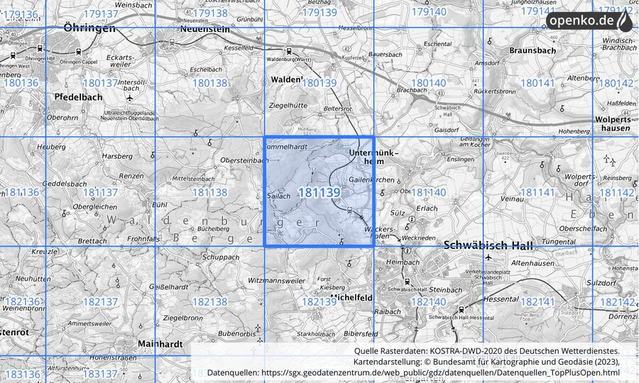 Übersichtskarte des KOSTRA-DWD-2020-Rasterfeldes Nr. 181139