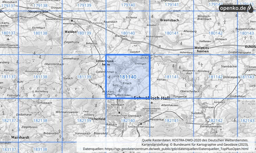 Übersichtskarte des KOSTRA-DWD-2020-Rasterfeldes Nr. 181140