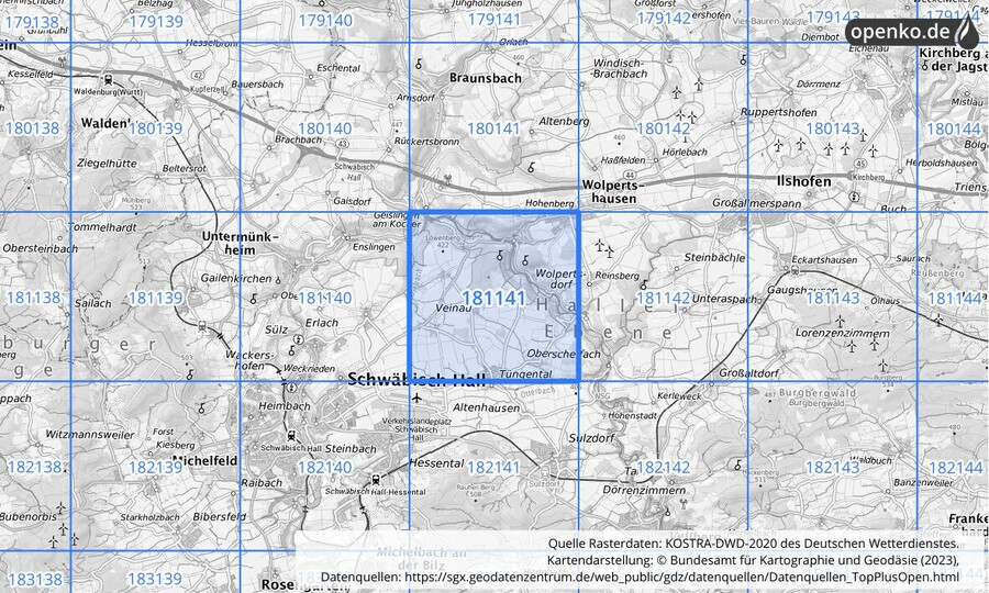 Übersichtskarte des KOSTRA-DWD-2020-Rasterfeldes Nr. 181141