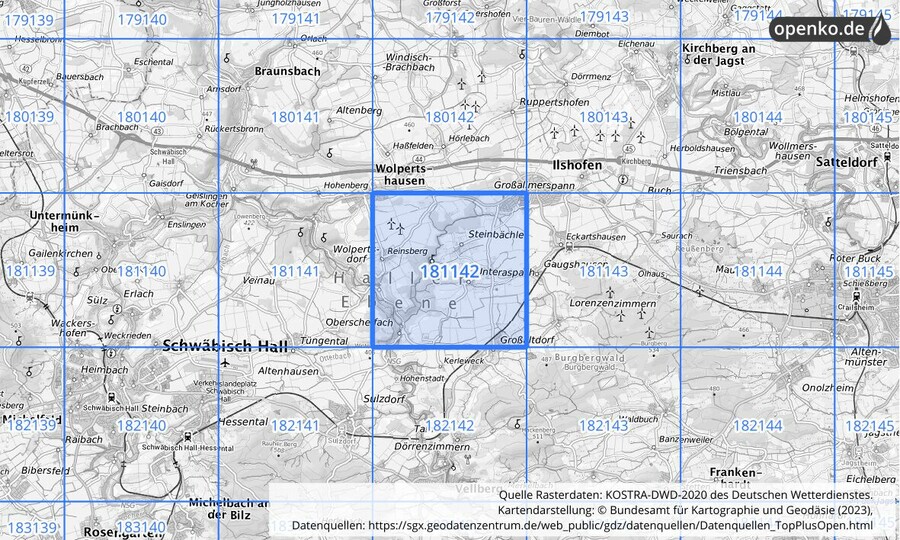 Übersichtskarte des KOSTRA-DWD-2020-Rasterfeldes Nr. 181142