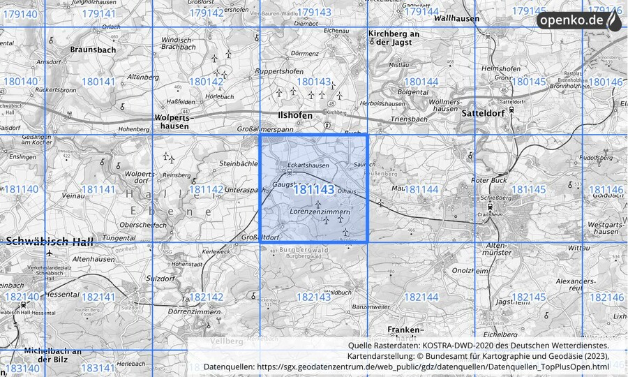 Übersichtskarte des KOSTRA-DWD-2020-Rasterfeldes Nr. 181143