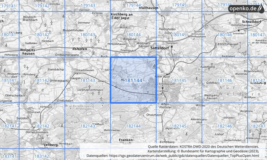 Übersichtskarte des KOSTRA-DWD-2020-Rasterfeldes Nr. 181144