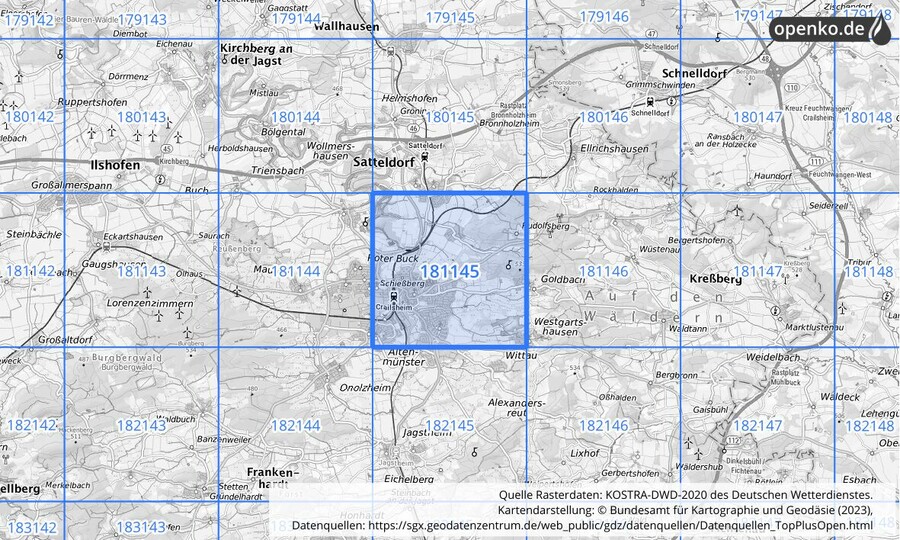 Übersichtskarte des KOSTRA-DWD-2020-Rasterfeldes Nr. 181145