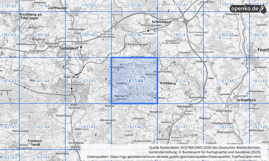 Übersichtskarte des KOSTRA-DWD-2020-Rasterfeldes Nr. 181146