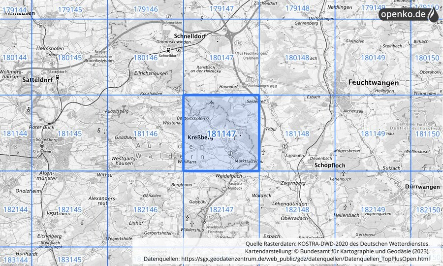 Übersichtskarte des KOSTRA-DWD-2020-Rasterfeldes Nr. 181147