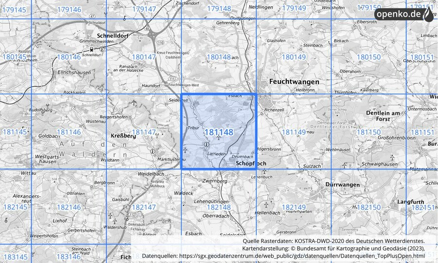 Übersichtskarte des KOSTRA-DWD-2020-Rasterfeldes Nr. 181148