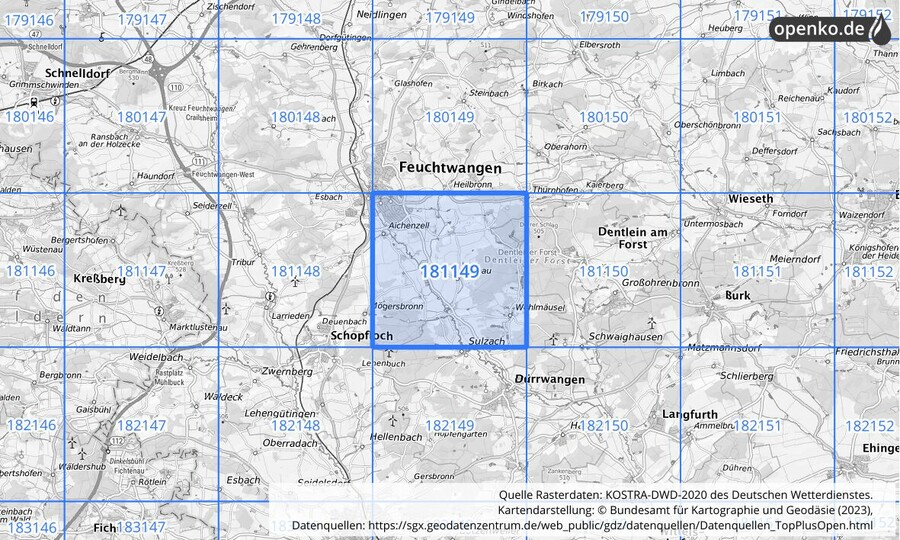 Übersichtskarte des KOSTRA-DWD-2020-Rasterfeldes Nr. 181149