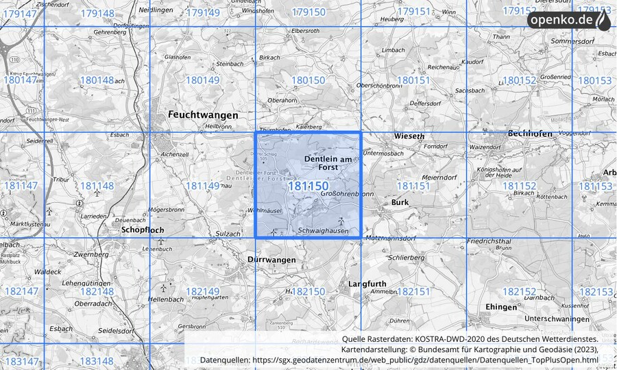 Übersichtskarte des KOSTRA-DWD-2020-Rasterfeldes Nr. 181150
