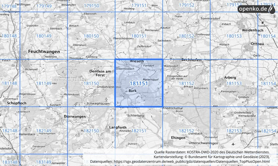 Übersichtskarte des KOSTRA-DWD-2020-Rasterfeldes Nr. 181151