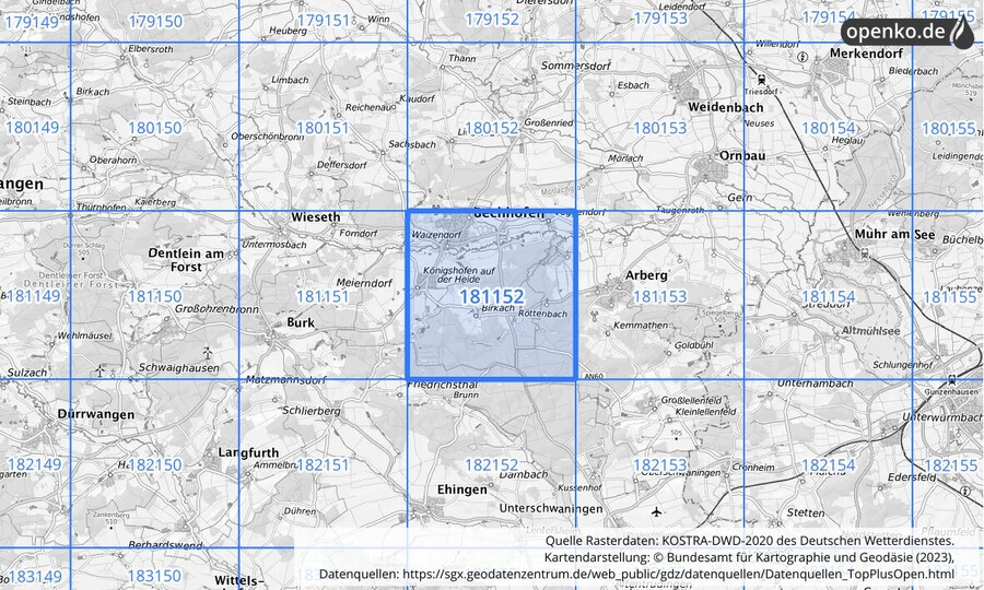 Übersichtskarte des KOSTRA-DWD-2020-Rasterfeldes Nr. 181152