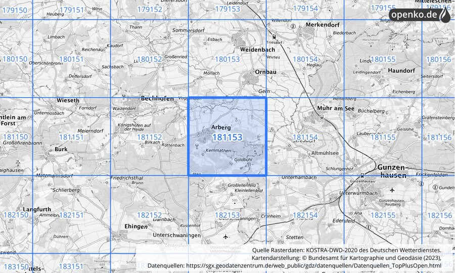 Übersichtskarte des KOSTRA-DWD-2020-Rasterfeldes Nr. 181153