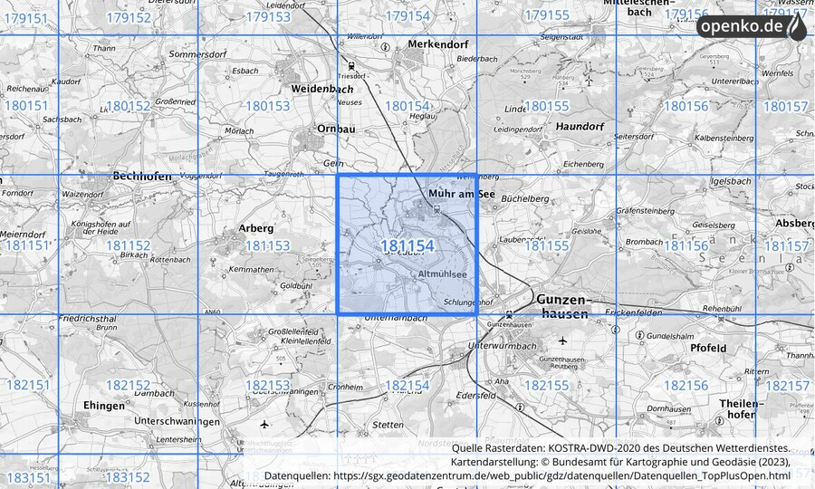 Übersichtskarte des KOSTRA-DWD-2020-Rasterfeldes Nr. 181154