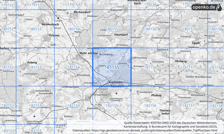 Übersichtskarte des KOSTRA-DWD-2020-Rasterfeldes Nr. 181155