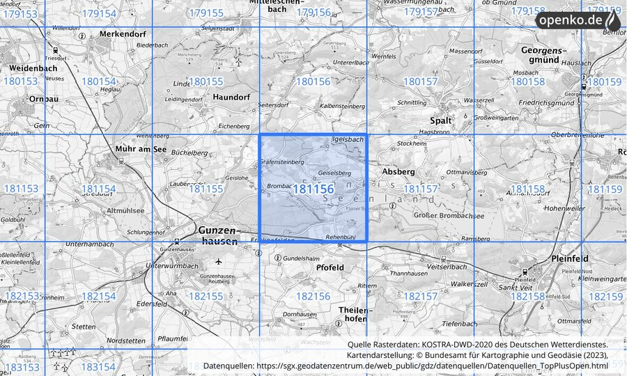 Übersichtskarte des KOSTRA-DWD-2020-Rasterfeldes Nr. 181156