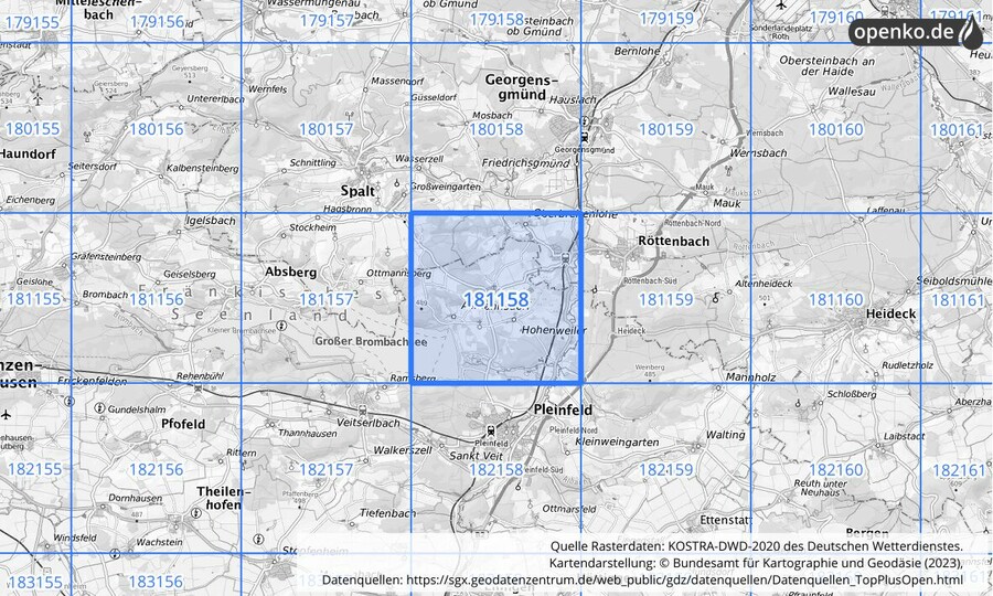 Übersichtskarte des KOSTRA-DWD-2020-Rasterfeldes Nr. 181158