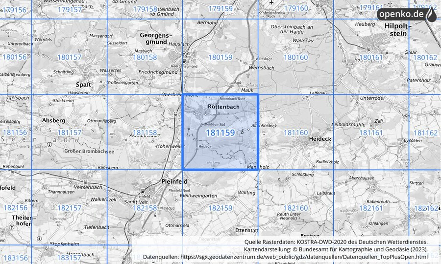 Übersichtskarte des KOSTRA-DWD-2020-Rasterfeldes Nr. 181159