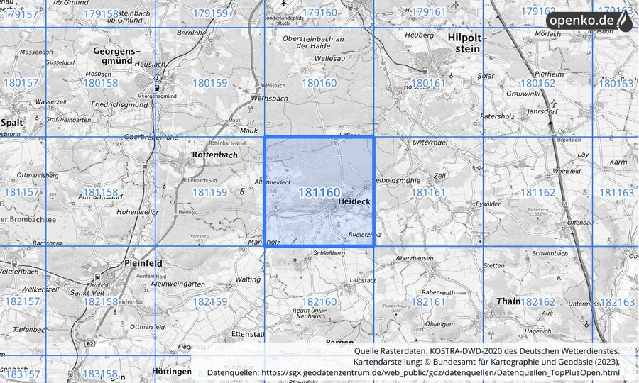 Übersichtskarte des KOSTRA-DWD-2020-Rasterfeldes Nr. 181160