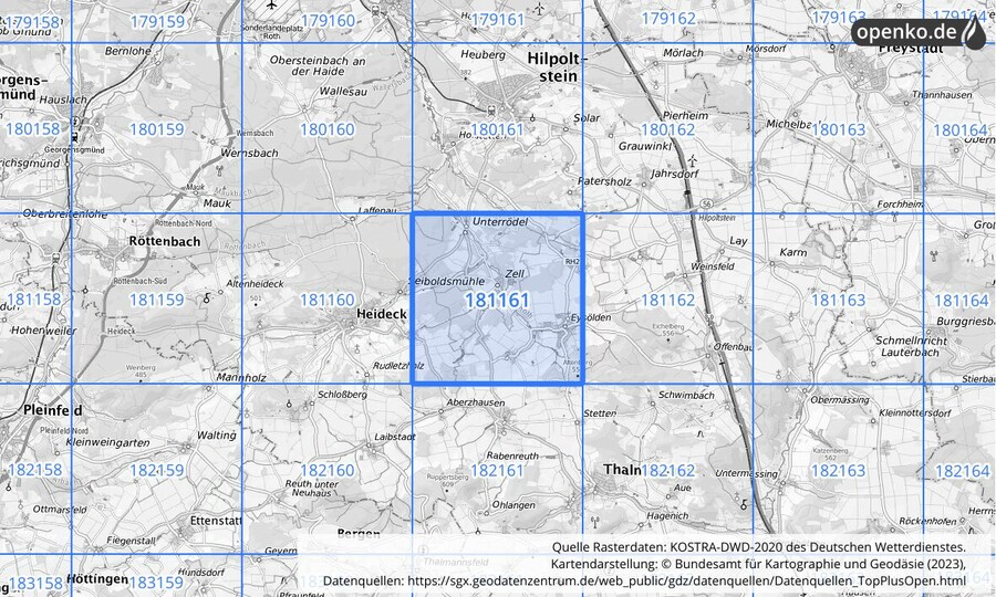 Übersichtskarte des KOSTRA-DWD-2020-Rasterfeldes Nr. 181161