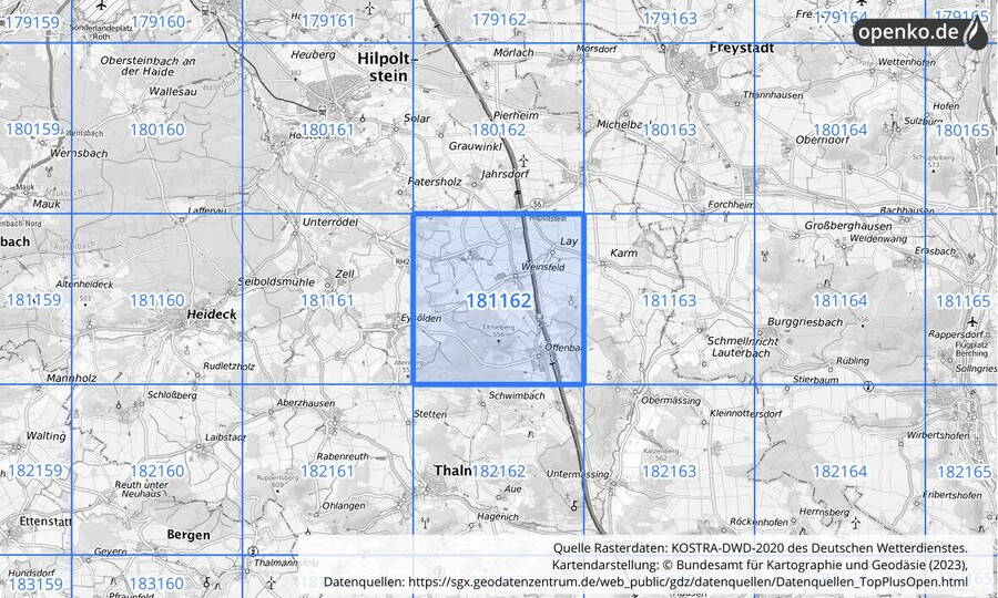Übersichtskarte des KOSTRA-DWD-2020-Rasterfeldes Nr. 181162