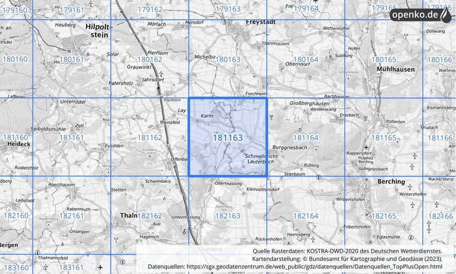 Übersichtskarte des KOSTRA-DWD-2020-Rasterfeldes Nr. 181163