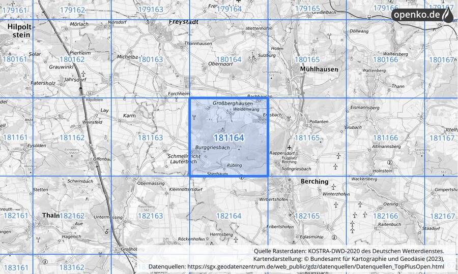 Übersichtskarte des KOSTRA-DWD-2020-Rasterfeldes Nr. 181164