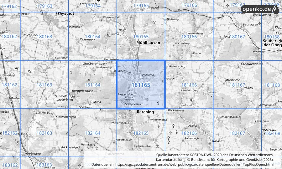 Übersichtskarte des KOSTRA-DWD-2020-Rasterfeldes Nr. 181165
