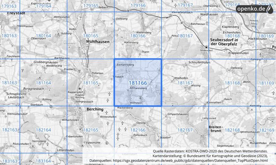 Übersichtskarte des KOSTRA-DWD-2020-Rasterfeldes Nr. 181166