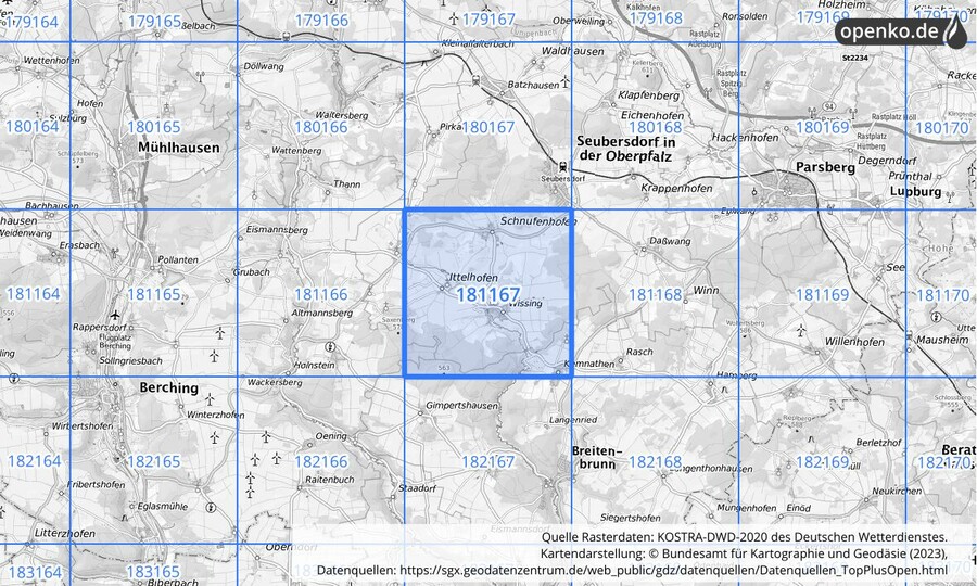 Übersichtskarte des KOSTRA-DWD-2020-Rasterfeldes Nr. 181167