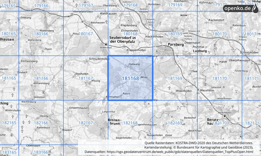 Übersichtskarte des KOSTRA-DWD-2020-Rasterfeldes Nr. 181168