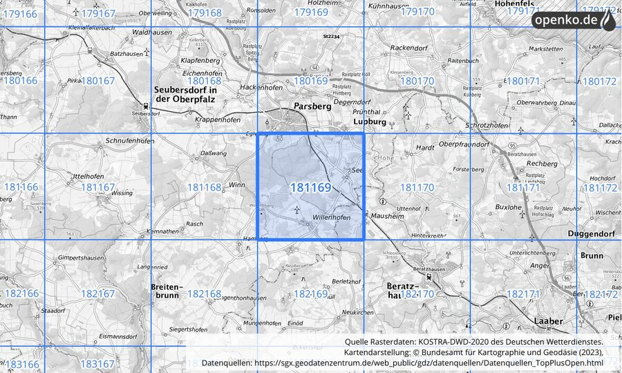 Übersichtskarte des KOSTRA-DWD-2020-Rasterfeldes Nr. 181169