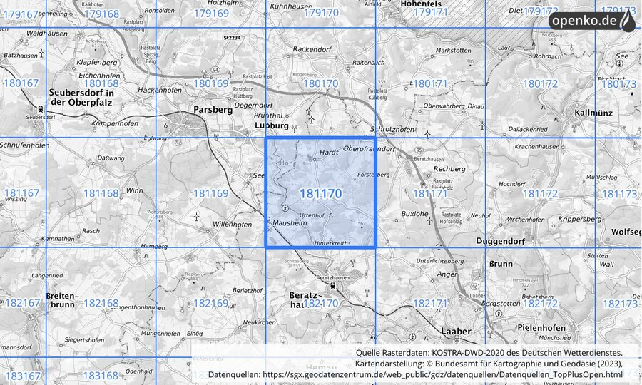Übersichtskarte des KOSTRA-DWD-2020-Rasterfeldes Nr. 181170