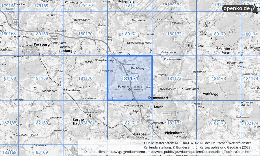 Übersichtskarte des KOSTRA-DWD-2020-Rasterfeldes Nr. 181171
