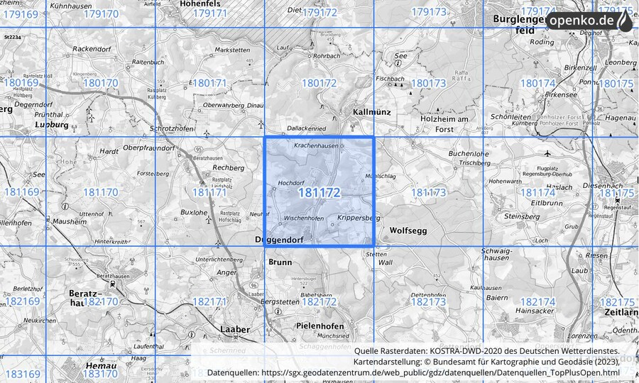 Übersichtskarte des KOSTRA-DWD-2020-Rasterfeldes Nr. 181172