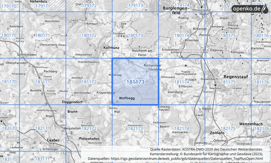 Übersichtskarte des KOSTRA-DWD-2020-Rasterfeldes Nr. 181173