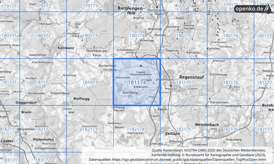 Übersichtskarte des KOSTRA-DWD-2020-Rasterfeldes Nr. 181174