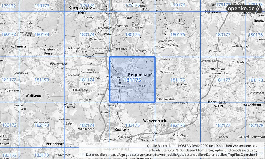 Übersichtskarte des KOSTRA-DWD-2020-Rasterfeldes Nr. 181175