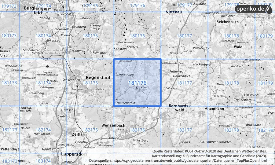 Übersichtskarte des KOSTRA-DWD-2020-Rasterfeldes Nr. 181176