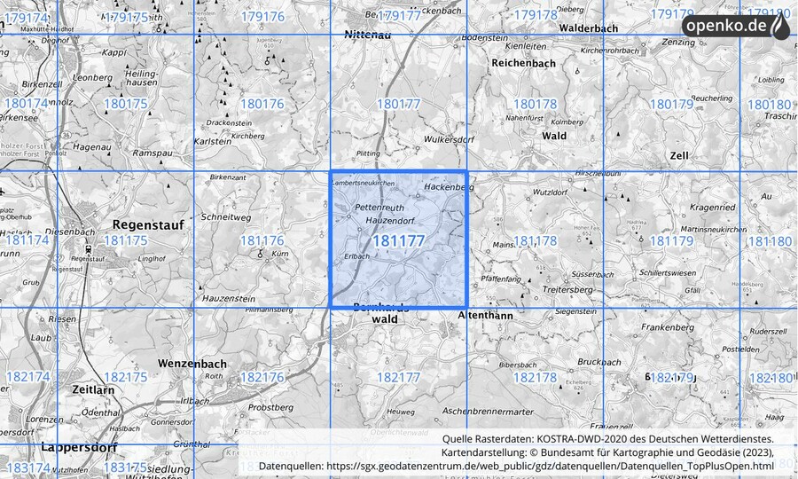 Übersichtskarte des KOSTRA-DWD-2020-Rasterfeldes Nr. 181177