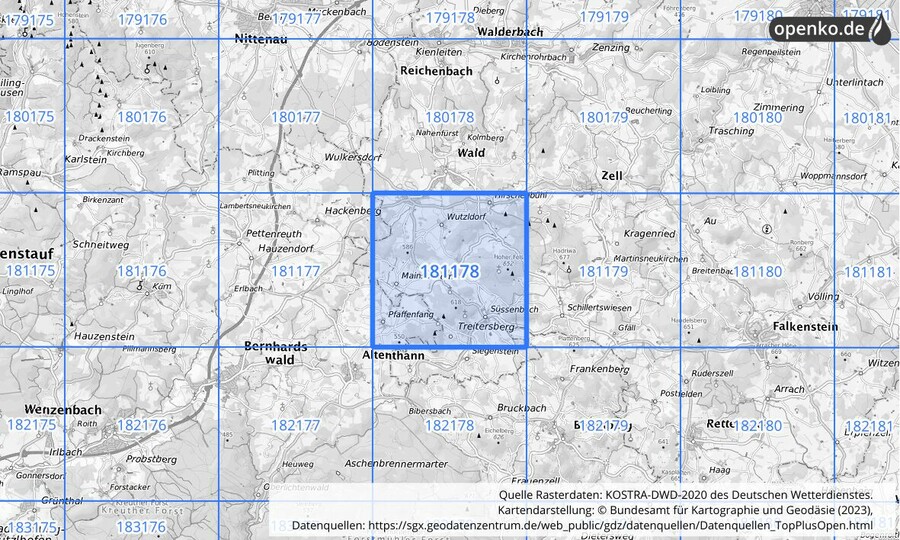 Übersichtskarte des KOSTRA-DWD-2020-Rasterfeldes Nr. 181178
