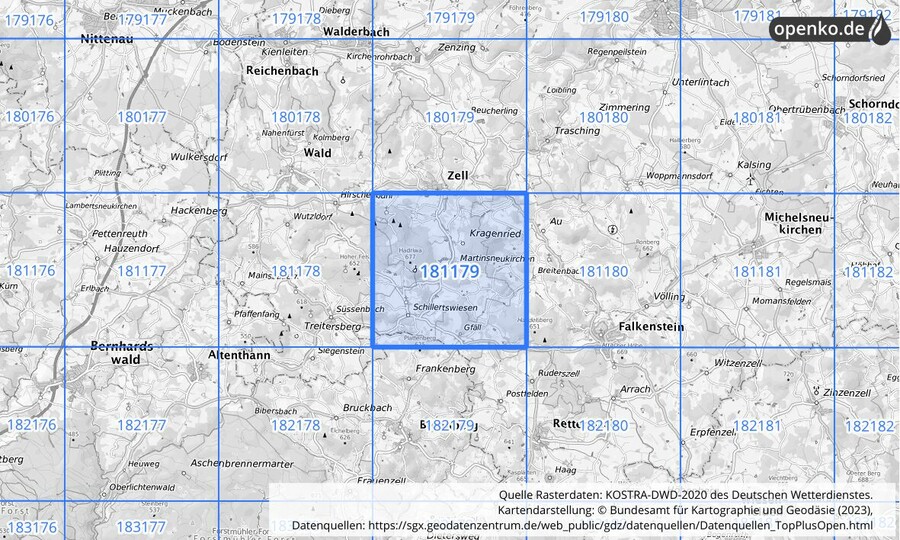 Übersichtskarte des KOSTRA-DWD-2020-Rasterfeldes Nr. 181179